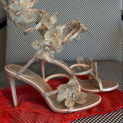 Rene Caovilla Crystal Floral Embellished Wrap-Around Sandals – Rose Gold