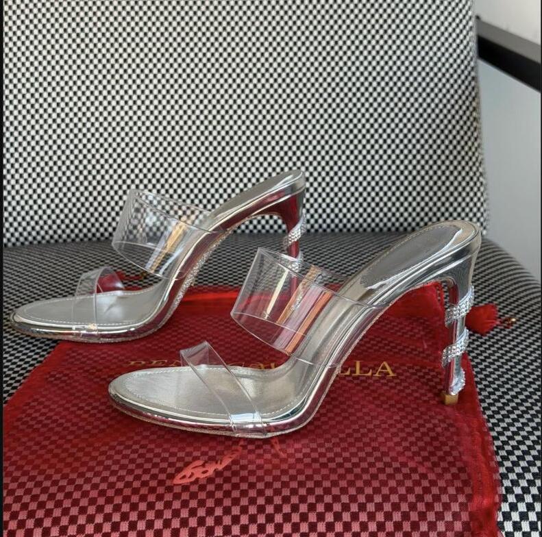 Rene Caovilla Crystal Spiral Heel Sandals – Silver / Transparent