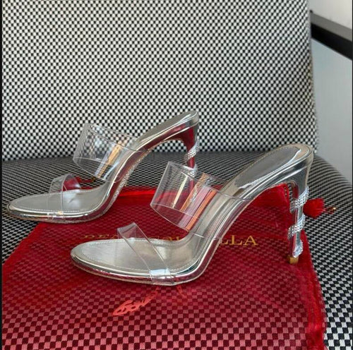 Rene Caovilla Crystal Spiral Heel Sandals – Silver / Transparent