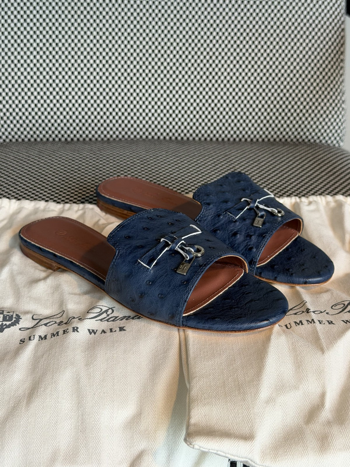 Loro Piana Summer Charms Ostrich Slide Sandals – Blue