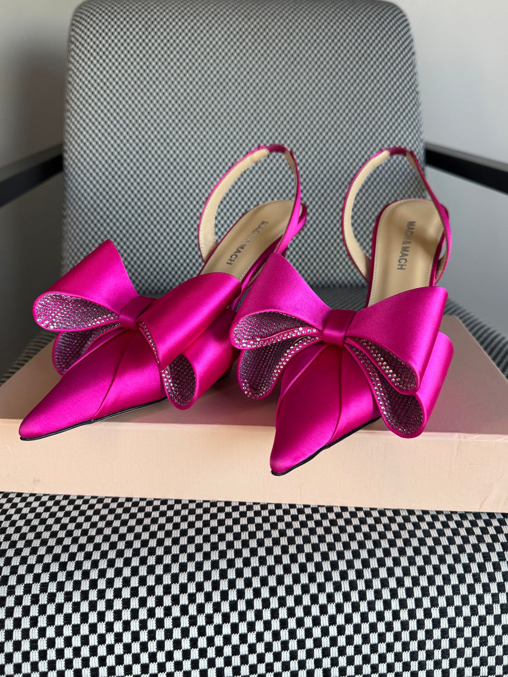 Mach & Mach Crystal Double Bow Slingback Pumps – Hot Pink