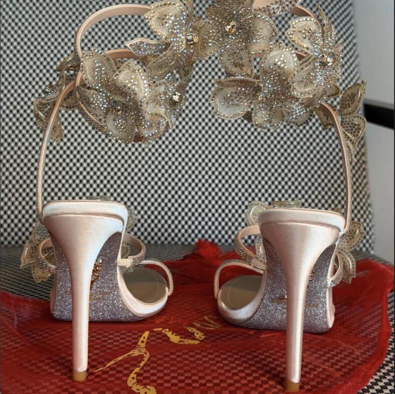 Rene Caovilla Crystal Floral Embellished Wrap-Around Sandals – Rose Gold