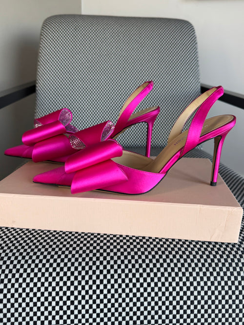 Mach & Mach Crystal Double Bow Slingback Pumps – Hot Pink