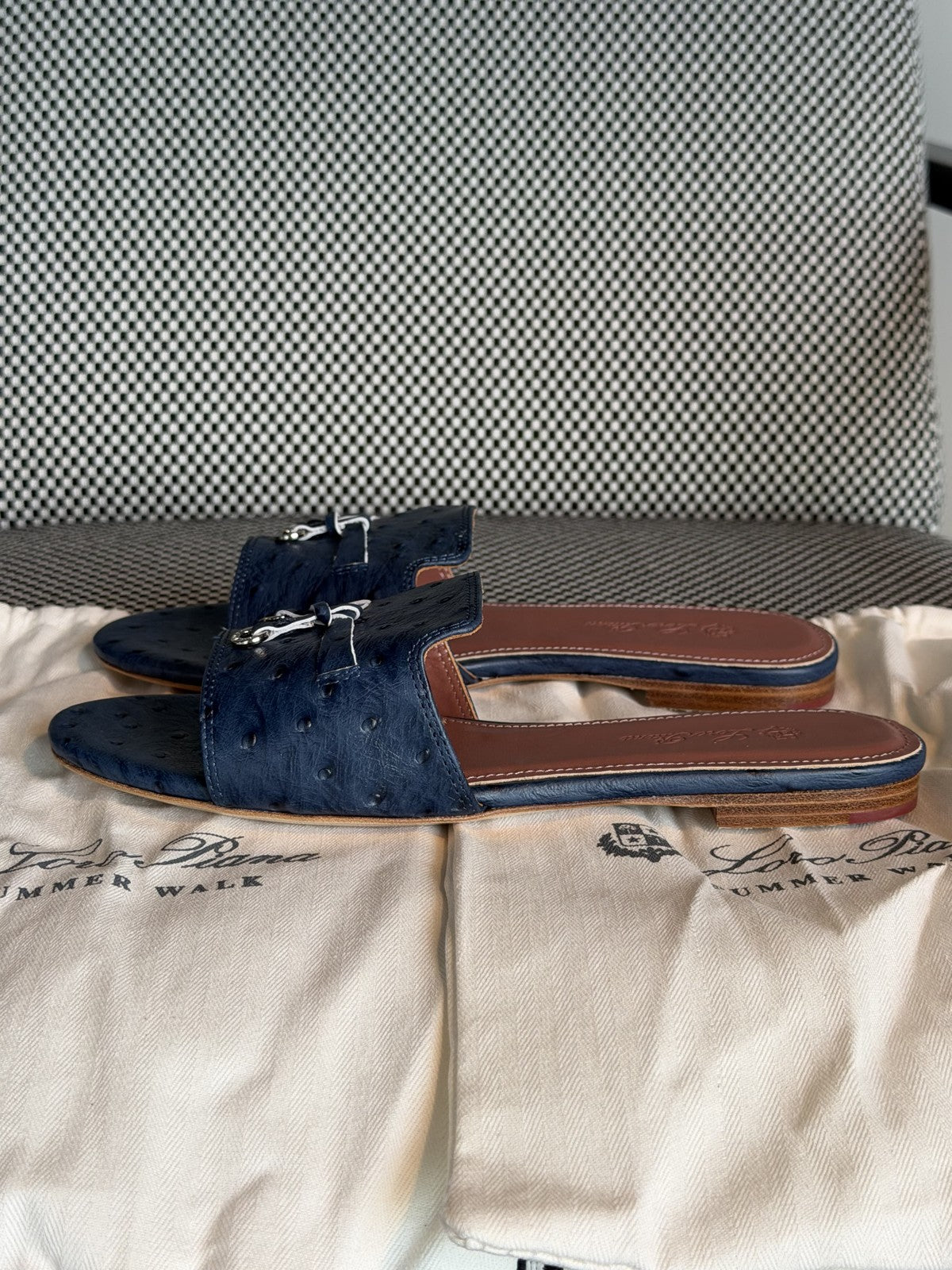 Loro Piana Summer Charms Ostrich Slide Sandals – Blue
