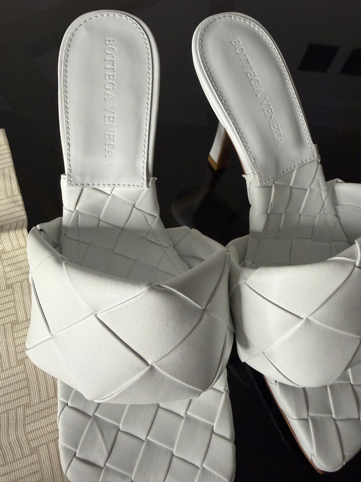 Bottega Veneta Lido Woven Leather Mules – White