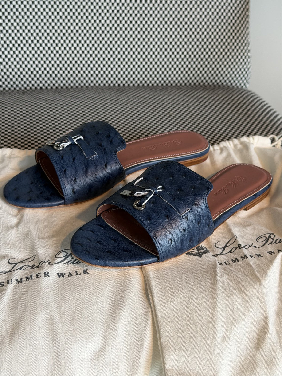 Loro Piana Summer Charms Ostrich Slide Sandals – Blue