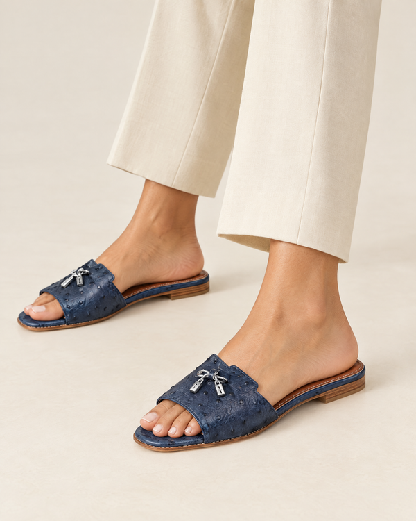 Loro Piana Summer Charms Ostrich Slide Sandals – Blue