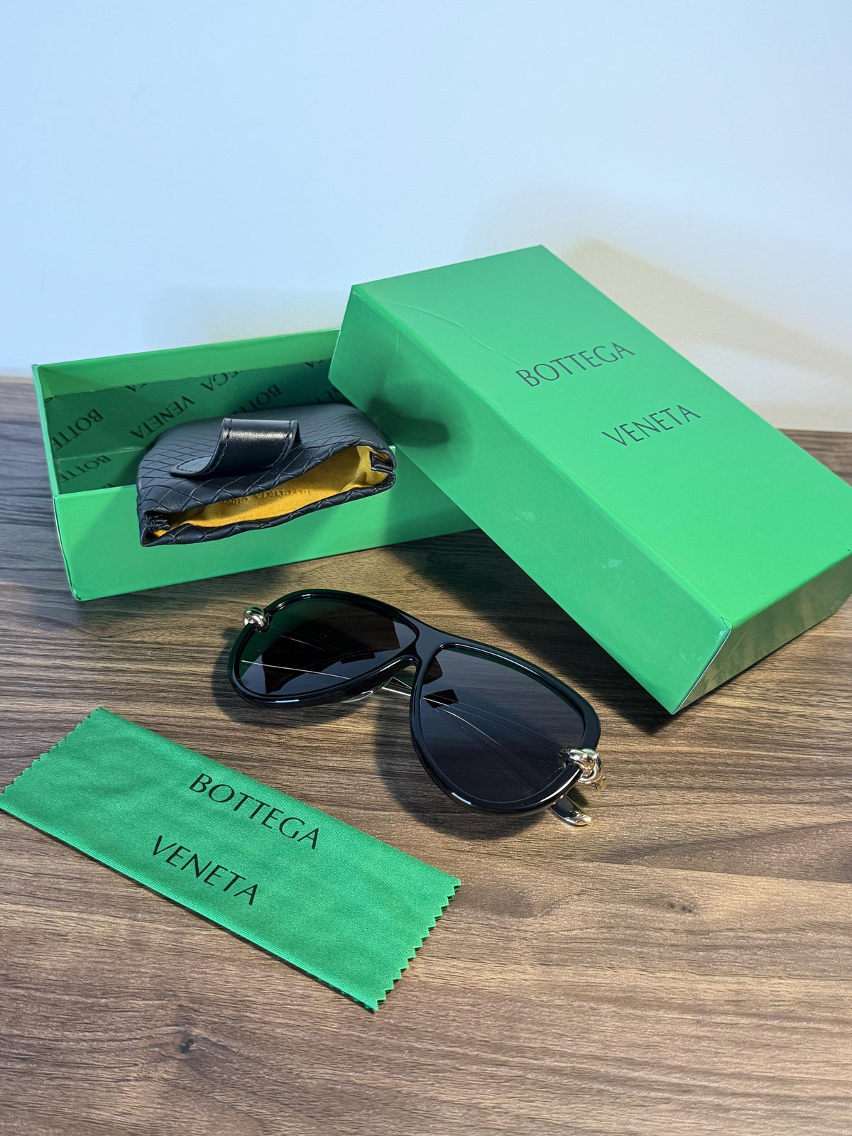 Bottega Veneta BV1442S Aviator Sunglasses – Black / Dark Grey